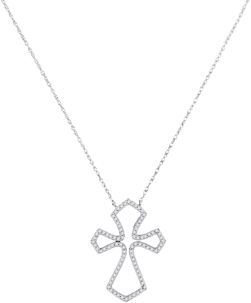 10kt White Gold Womens Round Diamond Flared Cross Pendant Necklace 1/4 Cttw