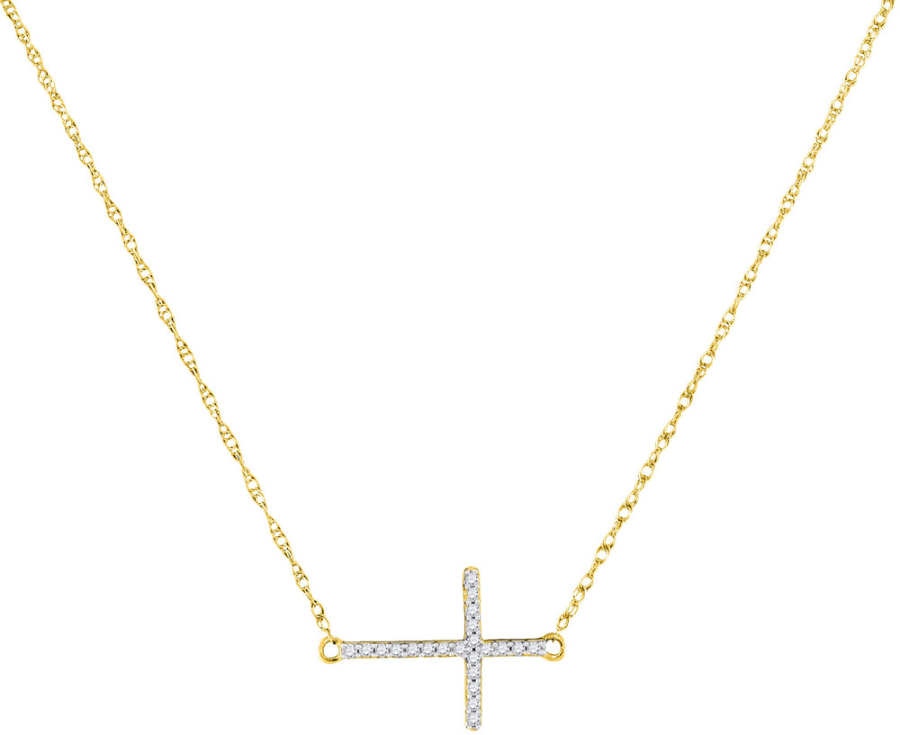 10kt Yellow Gold Womens Round Diamond Sideways Horizontal Cross Pendant Necklace 1/20 Cttw