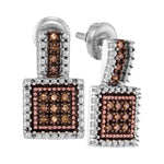 Sterling Silver Womens Round Cognac-brown Color Enhanced Diamond Square Cluster Earrings 1/5 Cttw