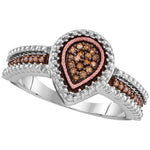 Sterling Silver Womens Round Cognac-brown Color Enhanced Diamond Teardrop Cluster Ring 1/6 Cttw