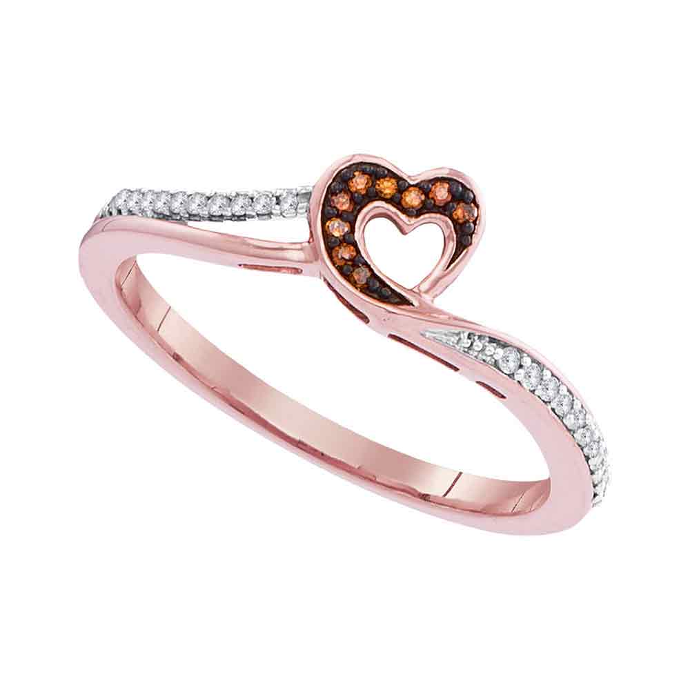 10kt Rose Gold Womens Round Red Color Enhanced Diamond Heart Love Ring 1/10 Cttw