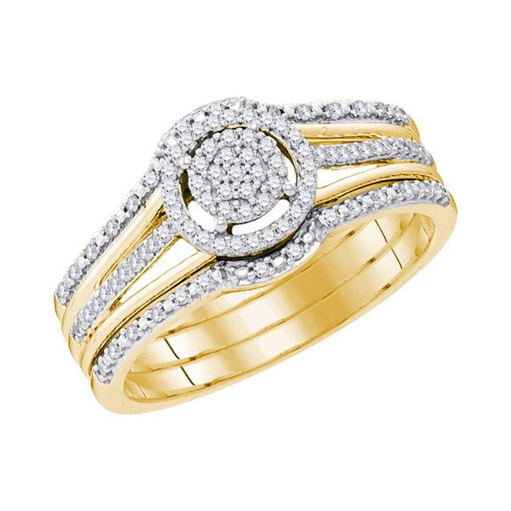 10kt Yellow Gold Womens Round Diamond Cluster 3-Piece Bridal Wedding Engagement Ring Band Set 1/4 Cttw