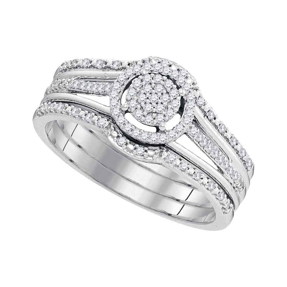 10kt White Gold Womens Round Diamond Cluster 3-Piece Bridal Wedding Engagement Ring Band Set 1/4 Cttw