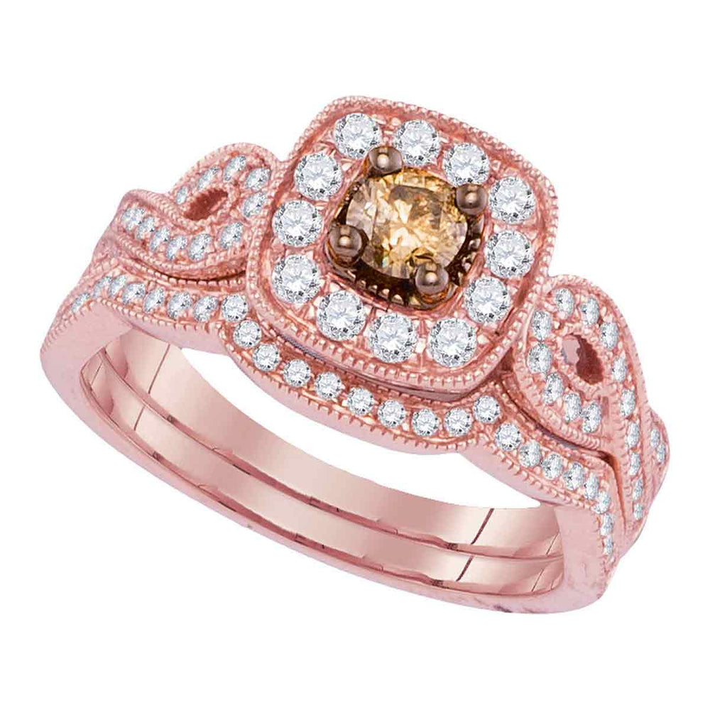 14kt Rose Gold Womens Round Cognac-brown Diamond Bridal Wedding Engagement Ring Band Set 3/4 Cttw