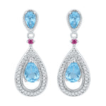 10kt White Gold Womens Oval Lab-Created Blue Topaz Diamond Dangle Earrings 1-5/8 Cttw