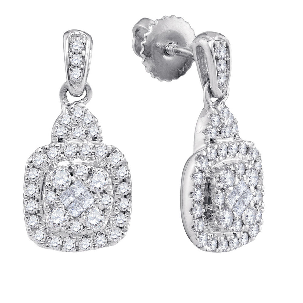 14kt White Gold Womens Princess Round Diamond Soleil Square Dangle Earrings 3/8 Cttw