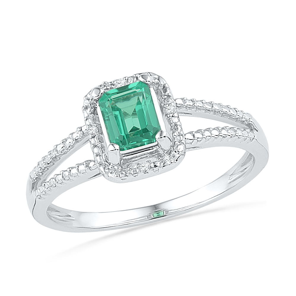 10kt White Gold Womens Lab-Created Emerald Solitaire Diamond Split-shank Ring 1-1/2 Cttw