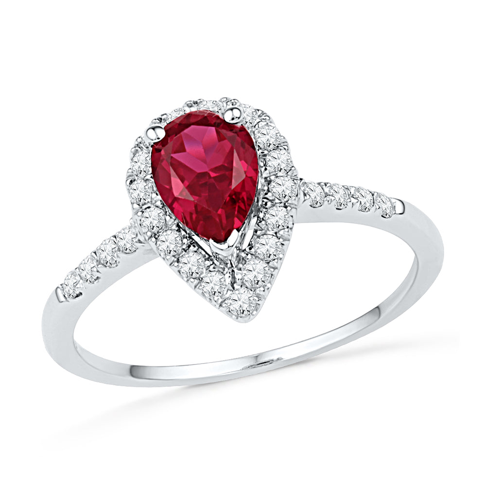 10kt White Gold Womens Pear Lab-Created Ruby Solitaire Diamond Frame  Ring 1-1/5 Cttw