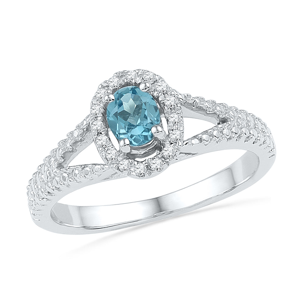 10kt White Gold Womens Oval Lab-Created Blue Topaz Solitaire Diamond Ring 1/2 Cttw