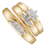10kt Yellow Gold His & Hers Round Diamond Cluster Matching Bridal Wedding Ring Band Set 1/12 Cttw