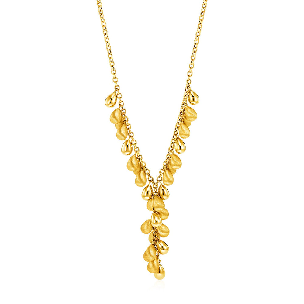 14k Yellow Gold 17 inch Satin Finish Lariat Style Necklace with Teardrops