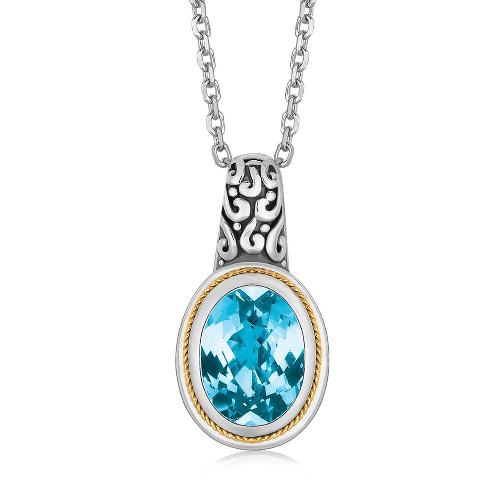 18k Yellow Gold and Sterling Silver Necklace with Blue Topaz Milgrained Pendant