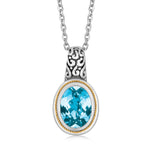 18k Yellow Gold and Sterling Silver Necklace with Blue Topaz Milgrained Pendant