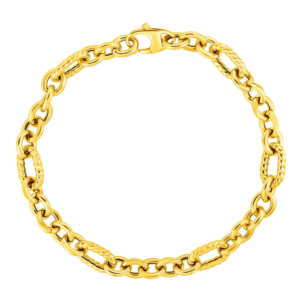 Shiny and Textured Oval Link Bracelet in 14k Yellow Gold