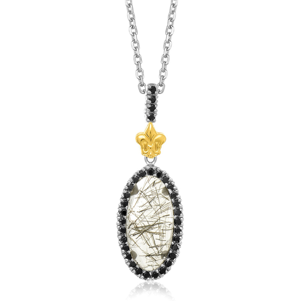 18k Yellow Gold & Sterling Silver Oval Rutilated Quartz and Black Spinel Pendant