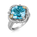 18k Yellow Gold and Sterling Silver Ring with Cushion Blue Topaz and Diamonds