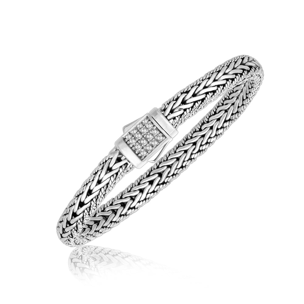 Sterling Silver White Sapphire Accented Braided Men's Bracelet