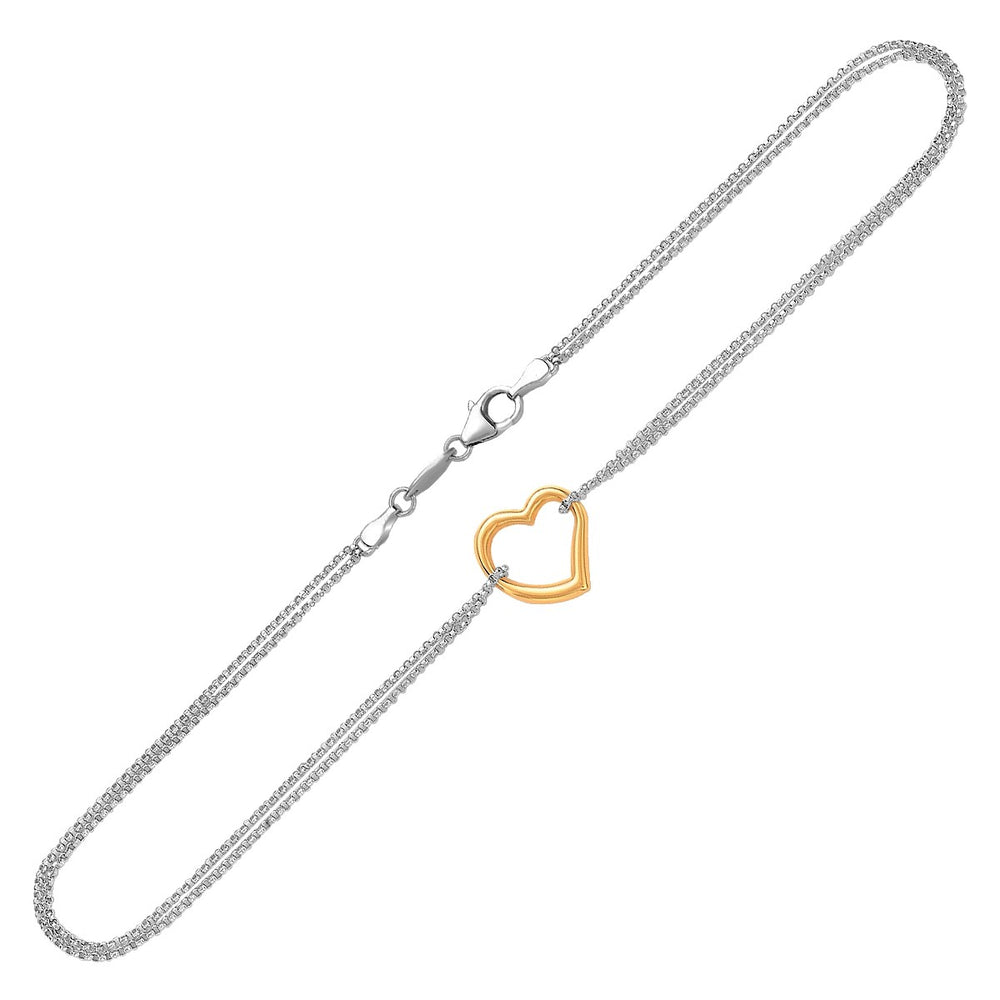 14k Yellow Gold and Sterling Silver Anklet with a Single Open Heart Station