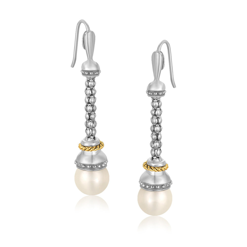 18k Yellow Gold and Sterling Silver Dangling Earrings with Pearl Ends
