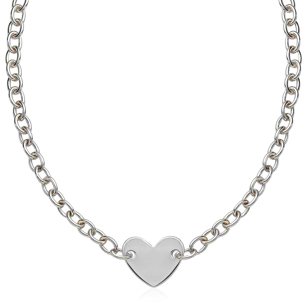 Sterling Silver Rhodium Plated Chain Bracelet with a Flat Heart Motif Station