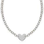 Sterling Silver Rhodium Plated Chain Bracelet with a Flat Heart Motif Station