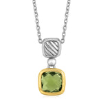 18k Yellow Gold and Sterling Silver Necklace with Cushion Green Amethyst Pendant