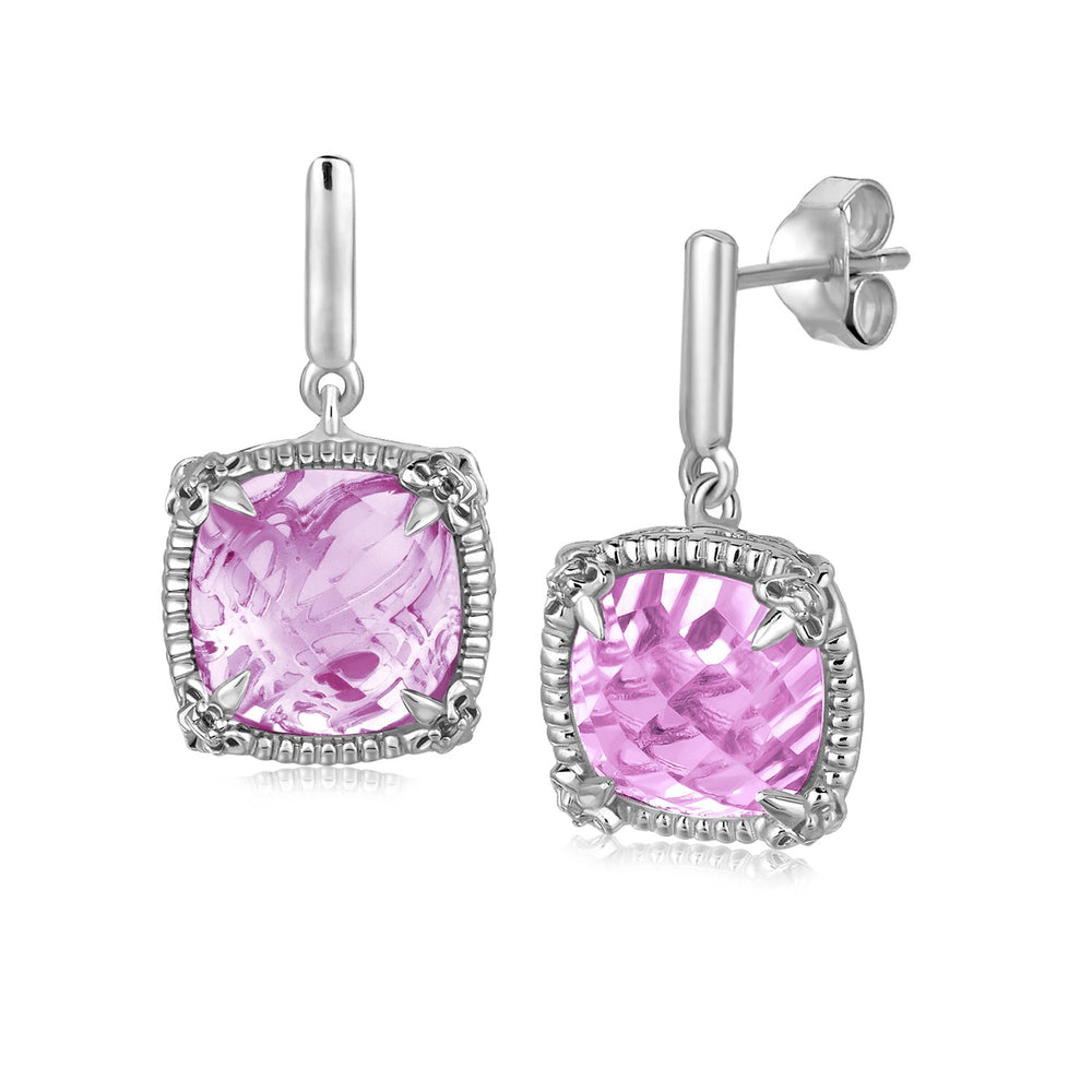 Sterling Silver Pink Amethyst and White Sapphires Fluer De Lis Drop Earrings
