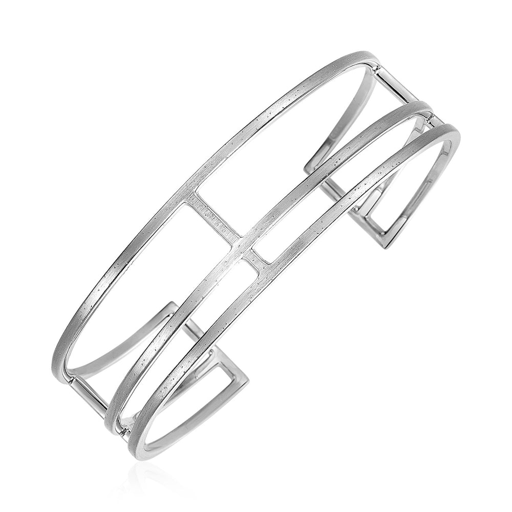 Textured Open Rectangle Motif Cuff Bangle in Sterling Silver