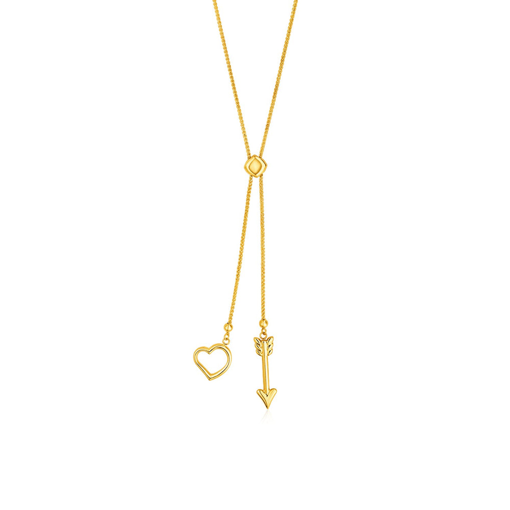 Adjustable Lariat Necklace with Arrow and Heart Pendants in 14k Yellow Gold