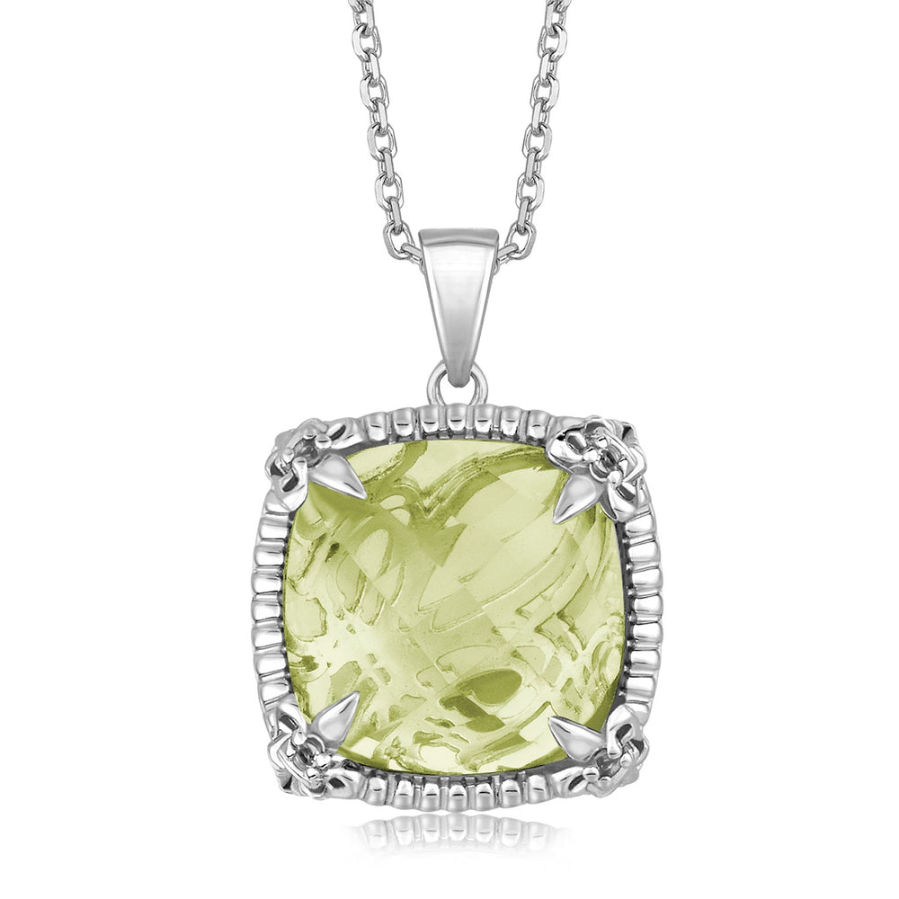 Sterling Silver Pendant with with White Sapphire Embellished Green Amethyst