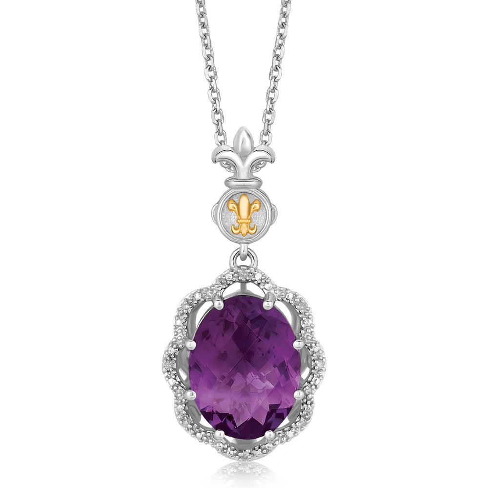 18k Yellow Gold and Sterling Silver Pendant with Amethyst and Diamonds