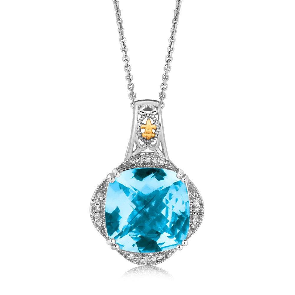 18k Yellow Gold and Sterling Silver Blue Topaz and Diamond Fleur De Lis Pendant