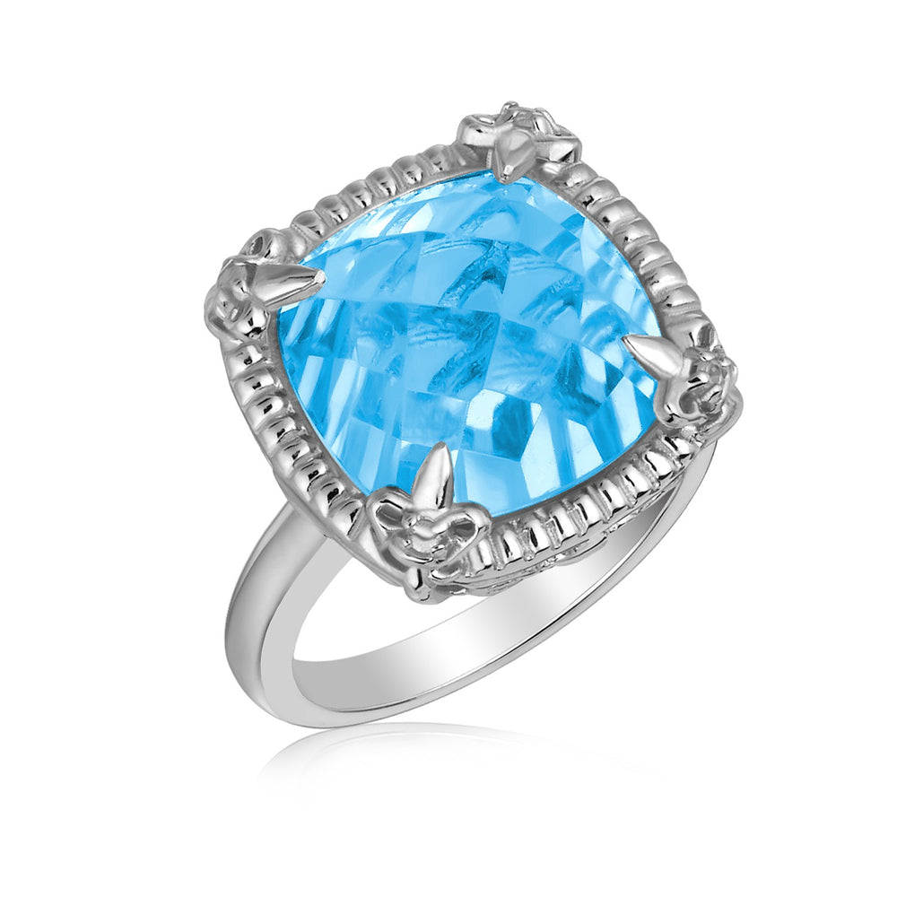Sterling Silver Sky Blue Topaz and White Sapphires Fleur De Lis Ring