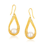 Italian Design 14k Yellow Gold Pearl Crochet Teardrop Ribbon Earrings