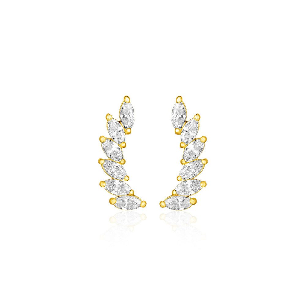 14k Yellow Gold Leaf Motif Climber Post Earrings with Marquise Cubic Zirconias