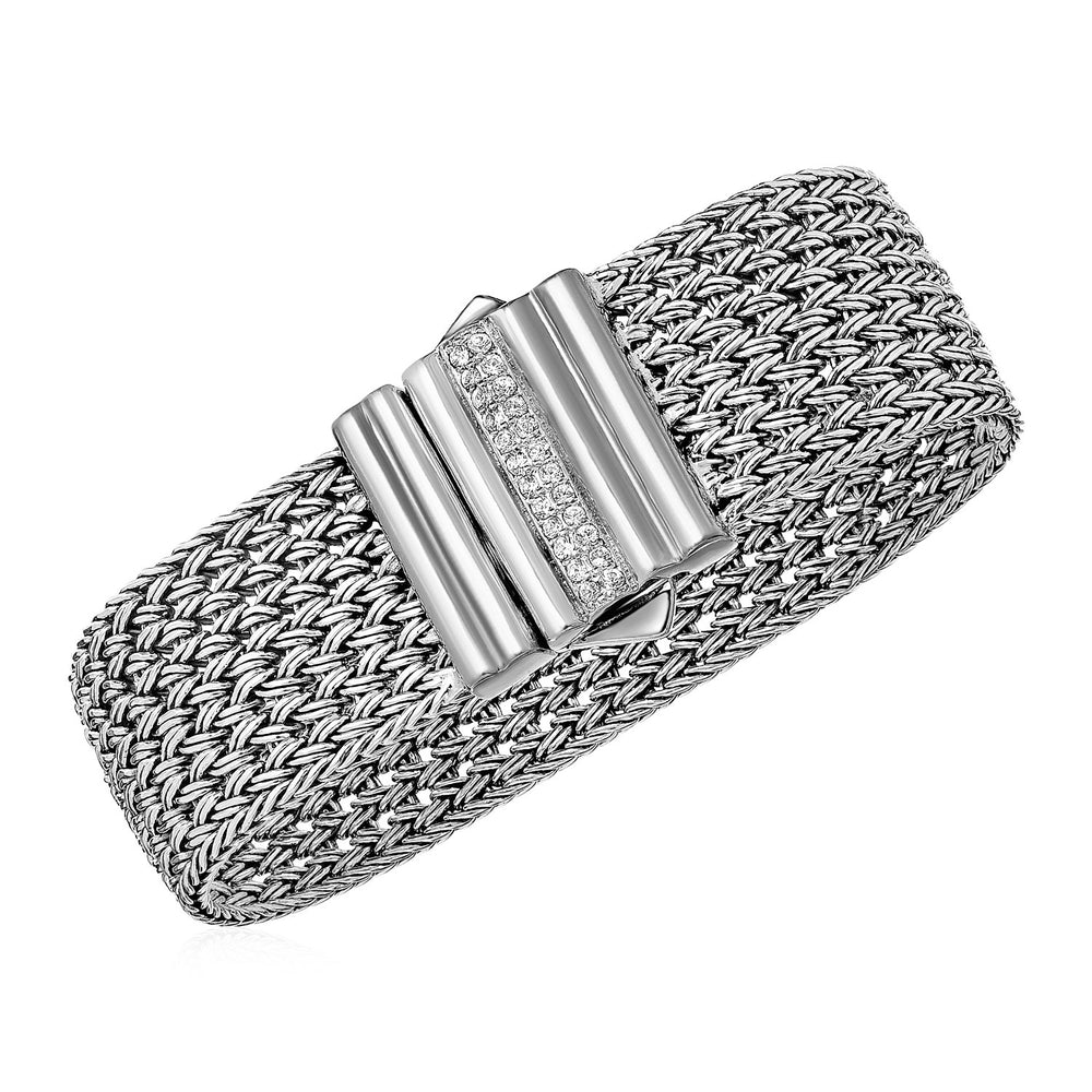 Wide Woven Rope Bracelet with White Sapphire Accented Clasp in Sterling Silver