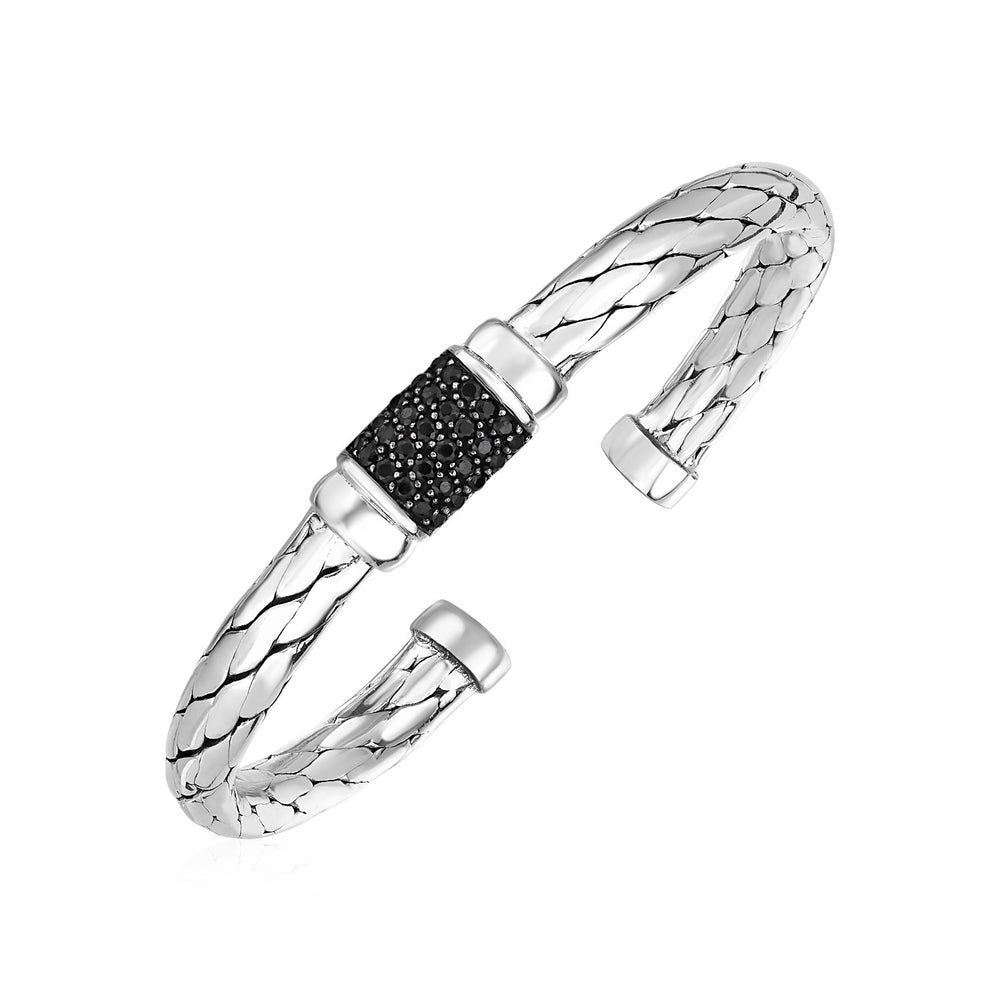 Woven Rope Cuff Bracelet with Black Sapphire Accents in Sterling Silver