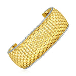 Wide Cuff Bangle with Basket Weave Texture in 14k Yellow and White Gold