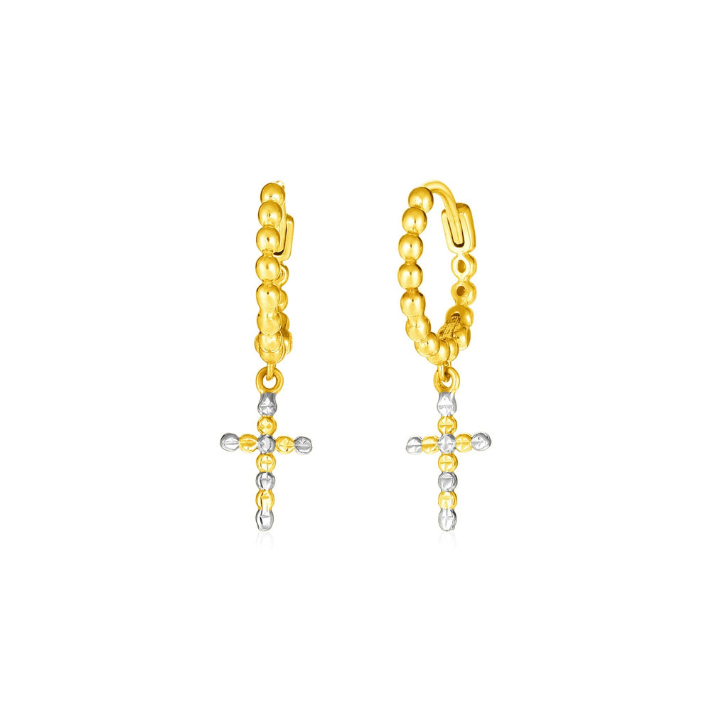 14k Two Tone Gold Beaded Hoop Earrings with Crosses
