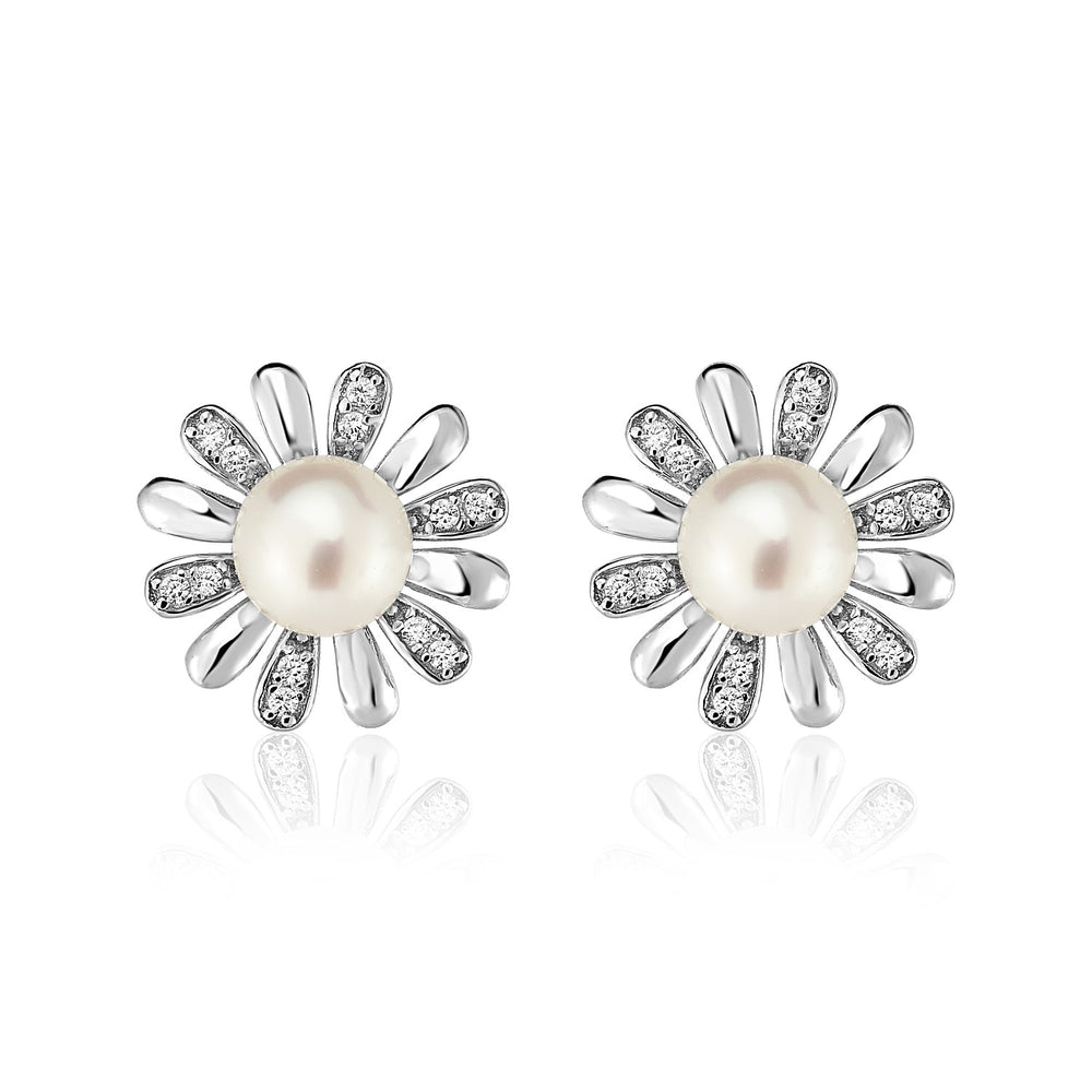 Sterling Silver Earrings with Sun Motifs and Freshwater Pearls