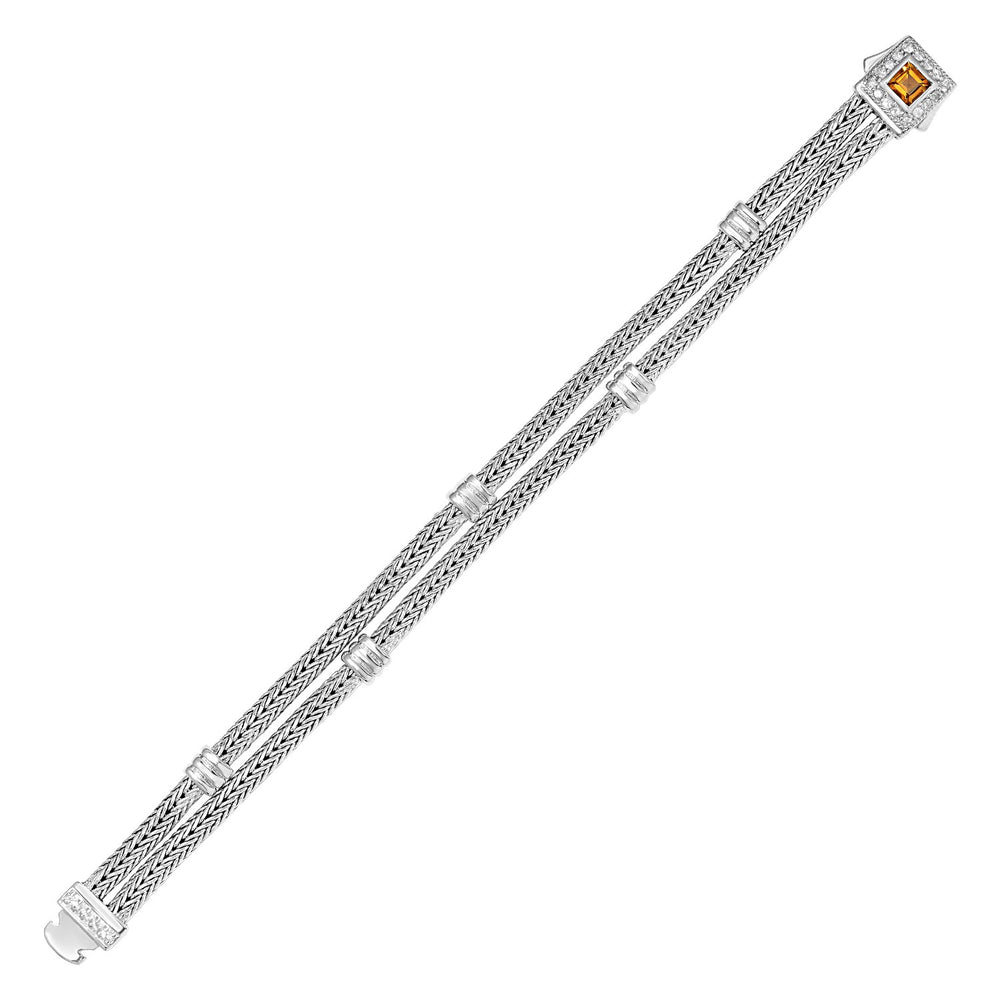 Two Strand Woven Bracelet with Citrine and White Sapphires in Sterling Silver