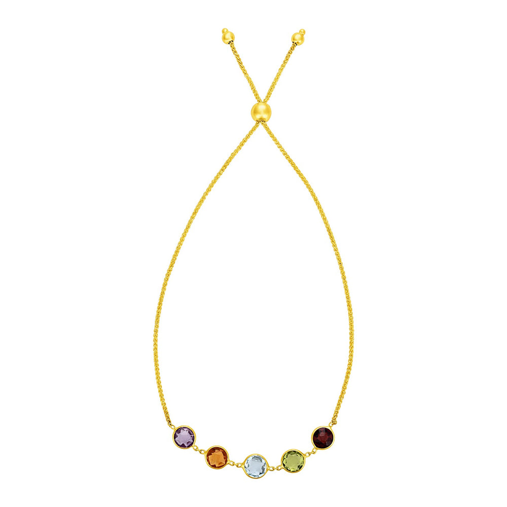 Adjustable Bracelet with Multicolored Medium Round Gemstones in 14k Yellow Gold
