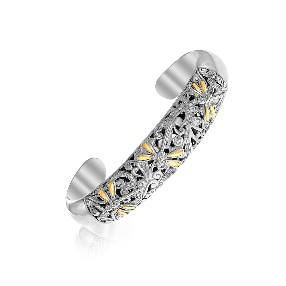 18k Yellow Gold & Sterling Silver Slim Open Bangle with Dragonfly Motifs