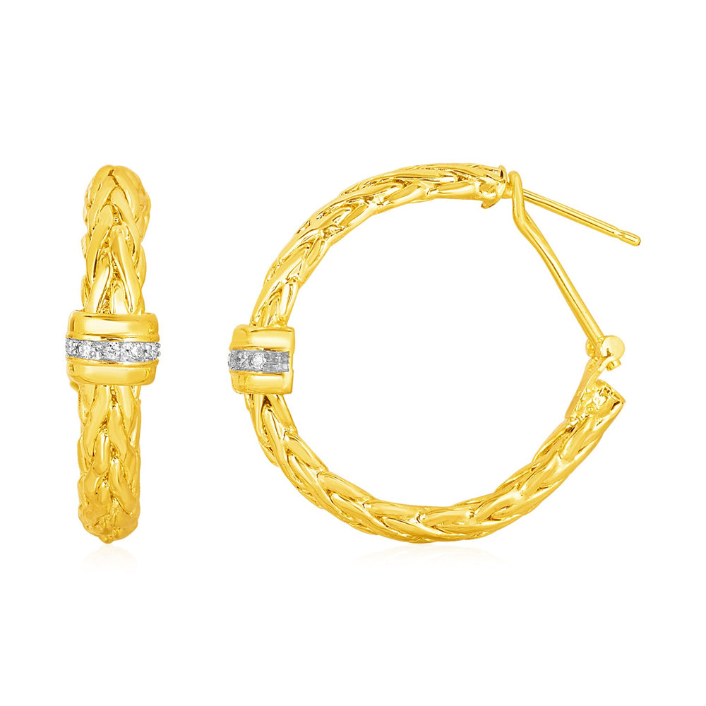 Woven Rope Hoop Earrings with Diamond Accents in 14k Yellow Gold