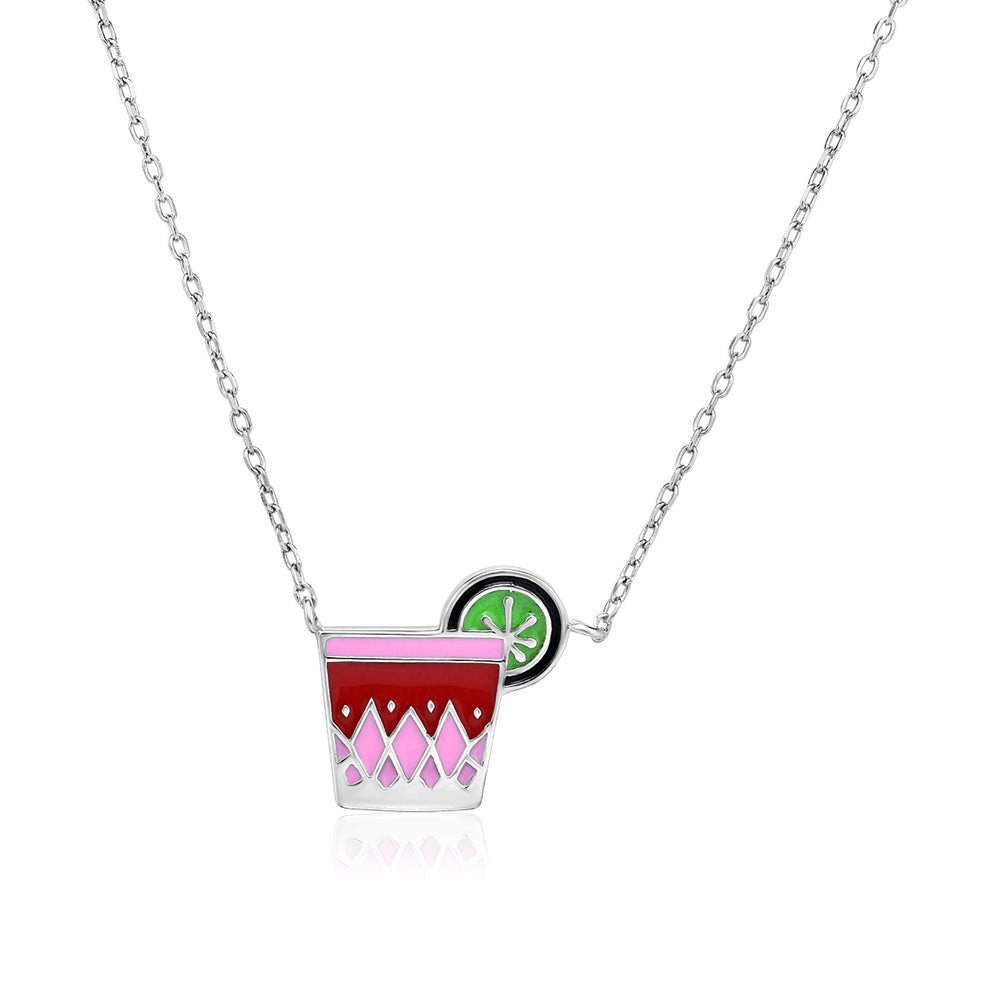 Sterling Silver 18 inch Necklace with Enameled Pink Tropical Drink