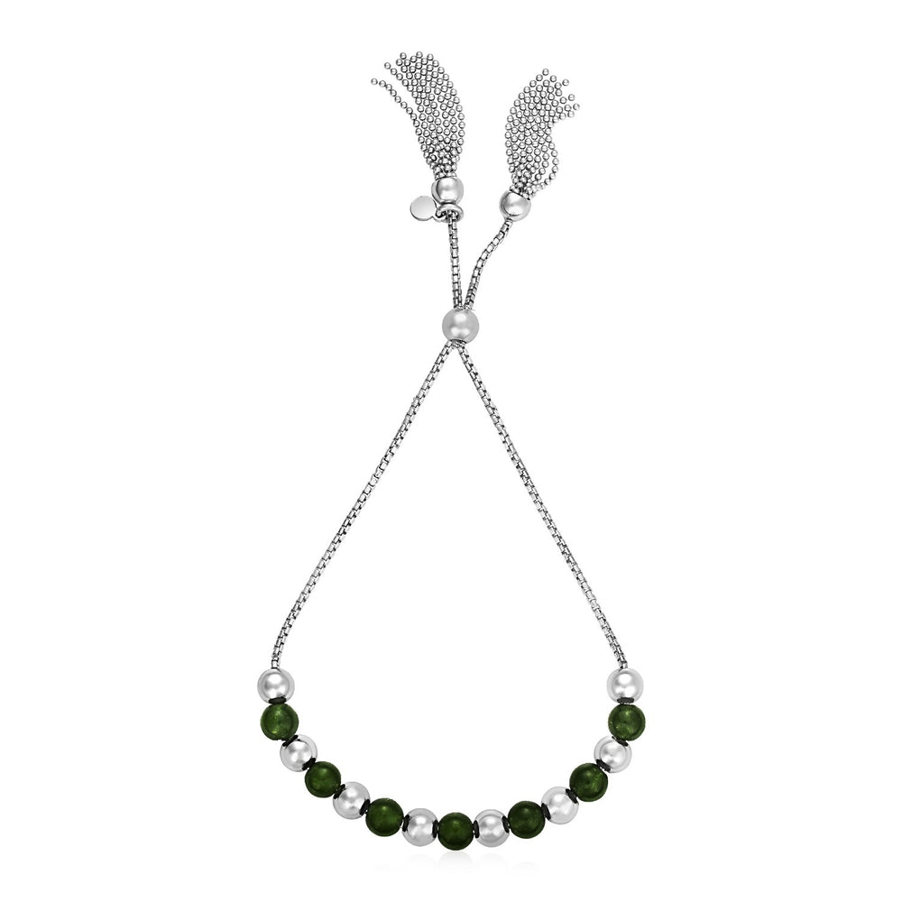 Adjustable Bead Bracelet with Green Jade in Sterling Silver