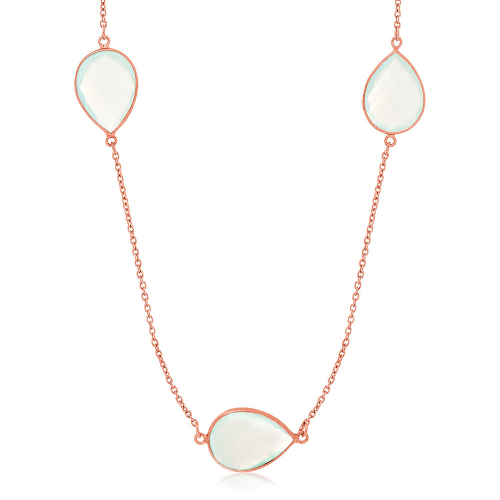 Sterling Silver Rose Gold Plated Teardrop Station Necklace with Aqua Chalcedony