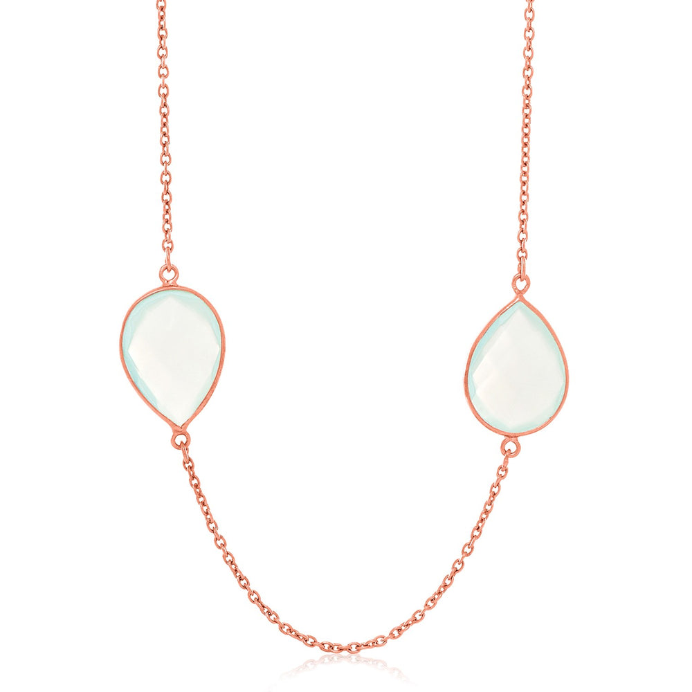 Sterling Silver Rose Gold Plated Teardrop Station Necklace with Aqua Chalcedony