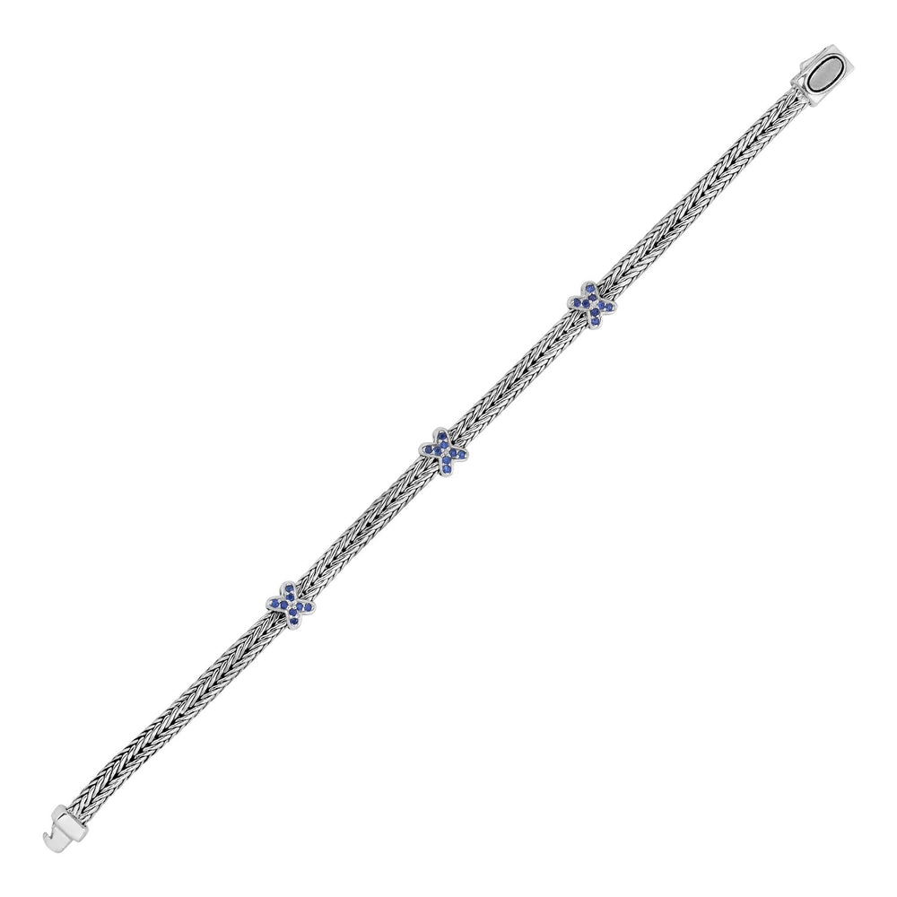 Woven Rope Bracelet with Blue Sapphire X Accents in Sterling Silver