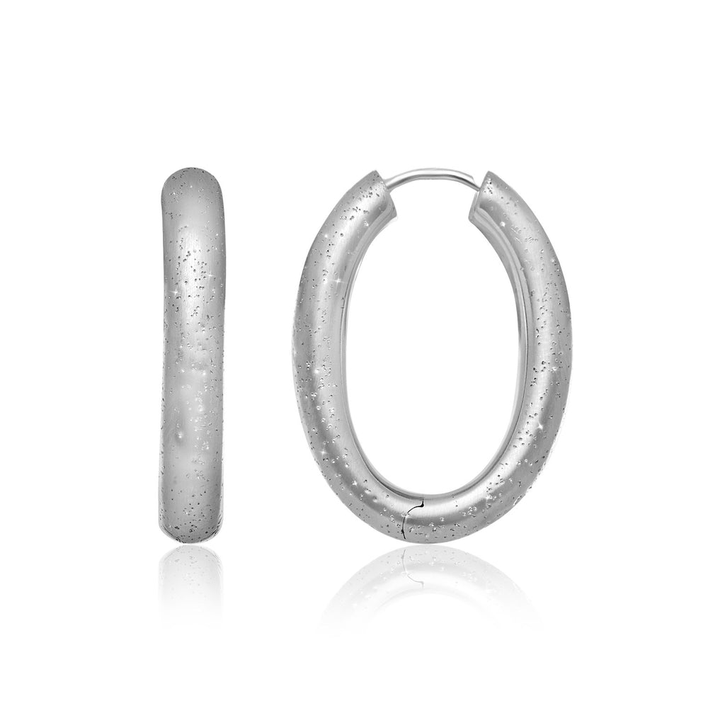 Sterling Silver Diamond Dust Tube Oval Shape Hoop Earrings